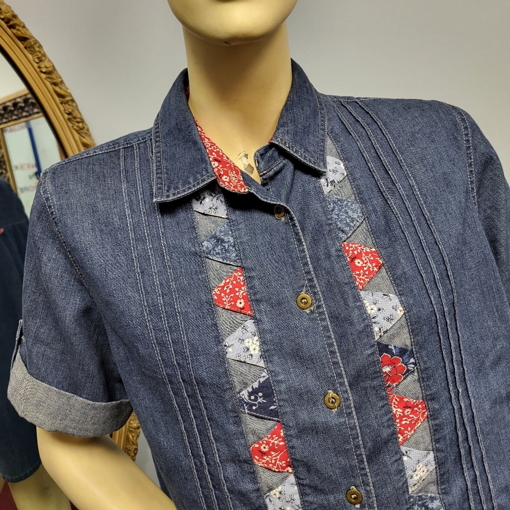 Vintage 1980s Denim Shirt bandana trim short sleeve M vtg grunge punk